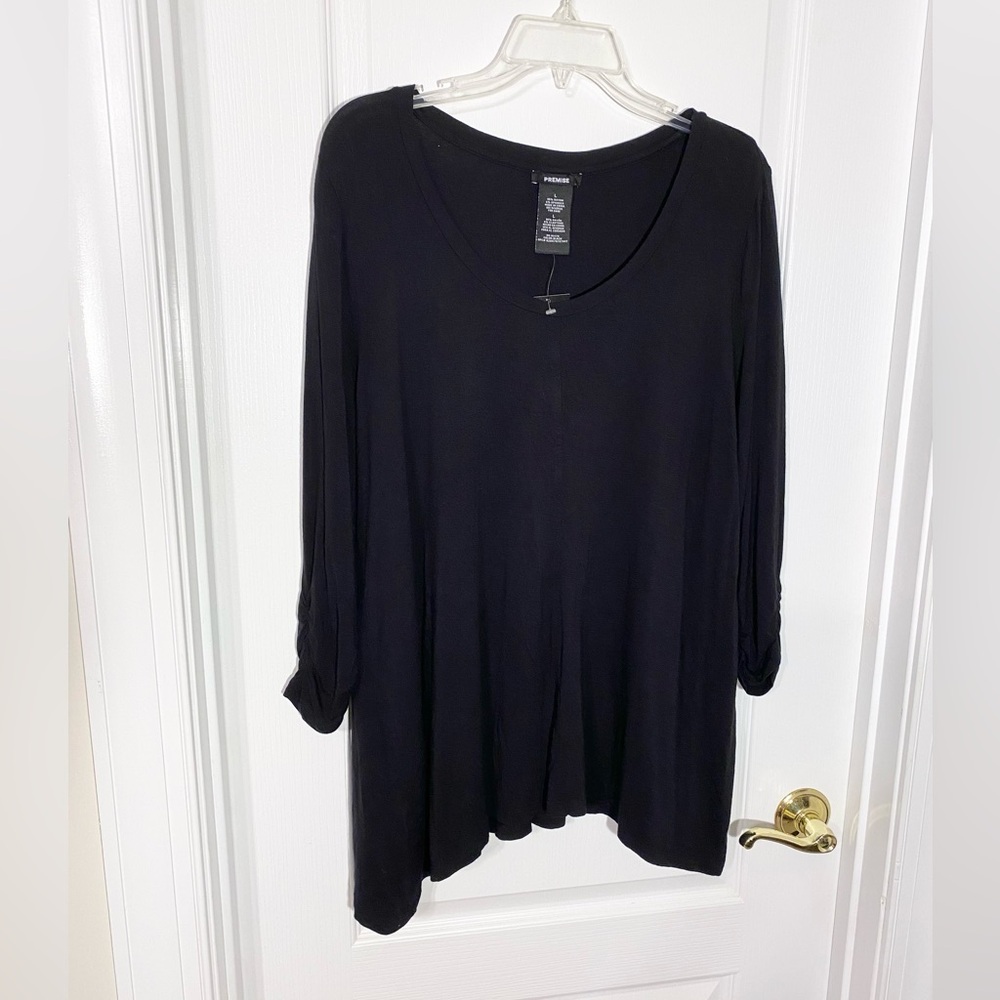 Premise Asymmetrical Hemline Ruched Sleeve U-Neck A-Line Knit Tunic Top Black L